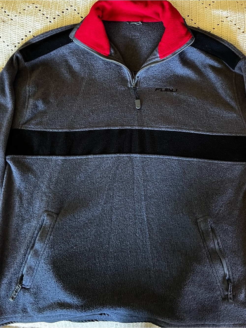 FUBU Gray Pullover with Red Collar and Black Chest Stripe